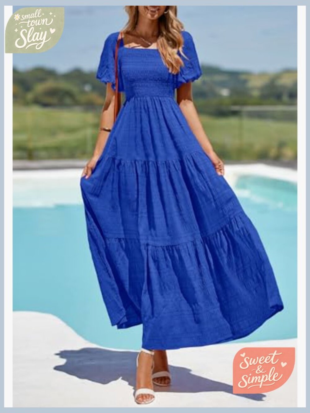 Puff Sleeve Maxi Dress Smocked Tiered Ruffle A-Line Summer Beach - Picture 3 of 7